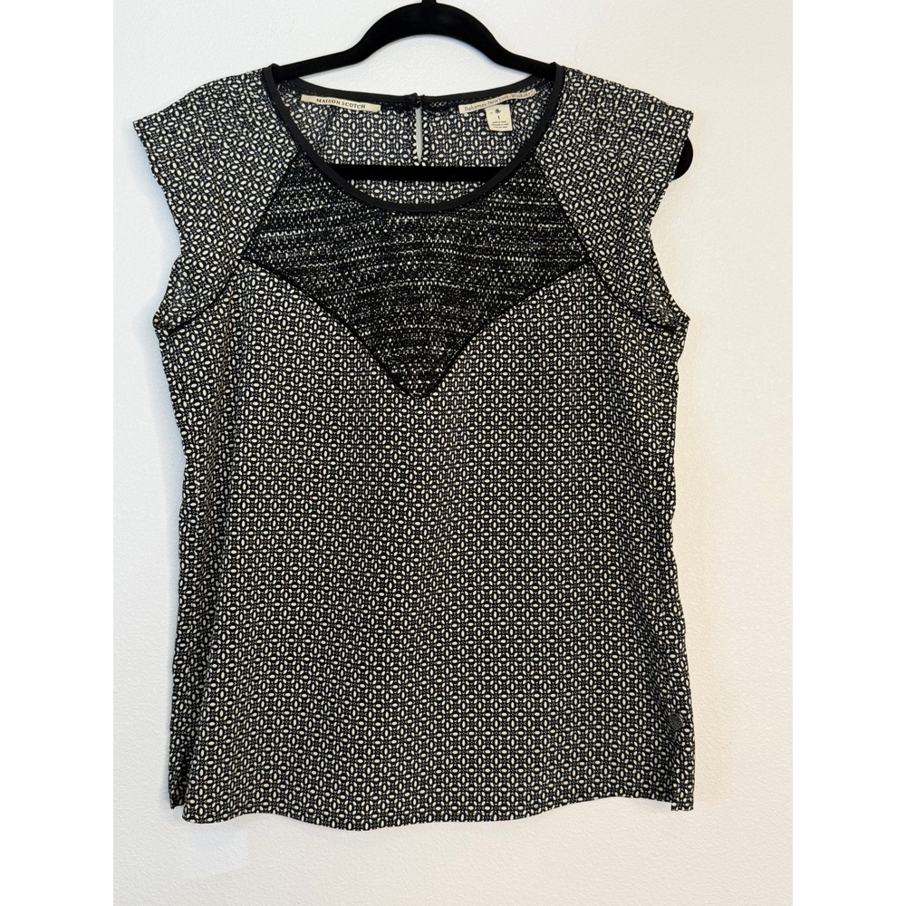 Maison Scotch Geometric Print Cap Sleeve Blouse Black White Size‎ S